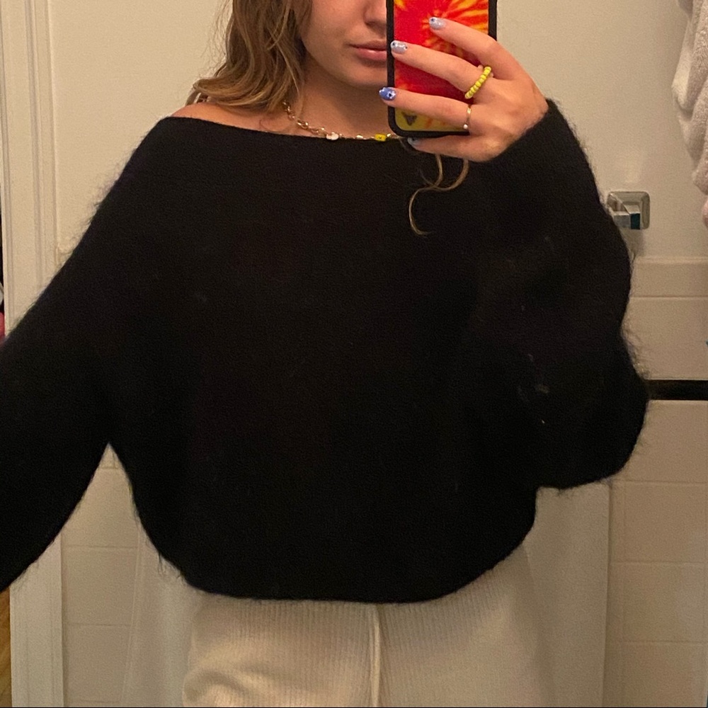 Fuzzy Black Off The Shoulder Cropped Sweater
